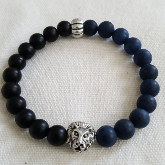 🖤🖤MENS BLACK&NAVY BLUE ONYX&LION HEAD BRACELET - Picture 3 of 7